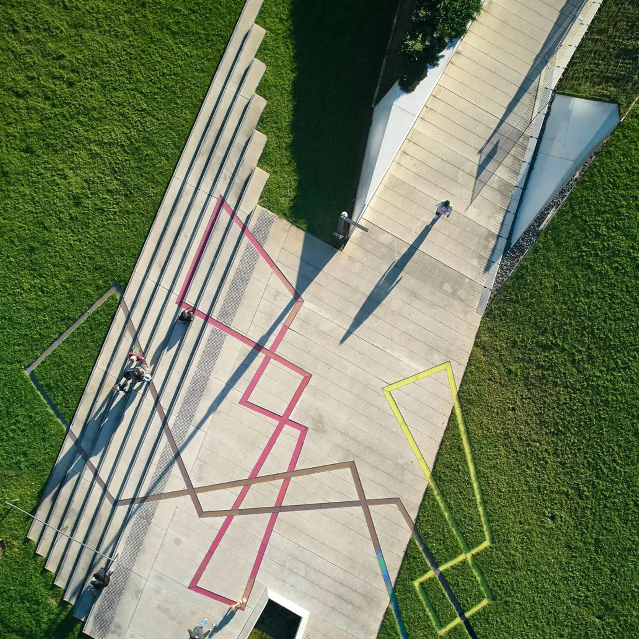 engineered landscape with paths and water features