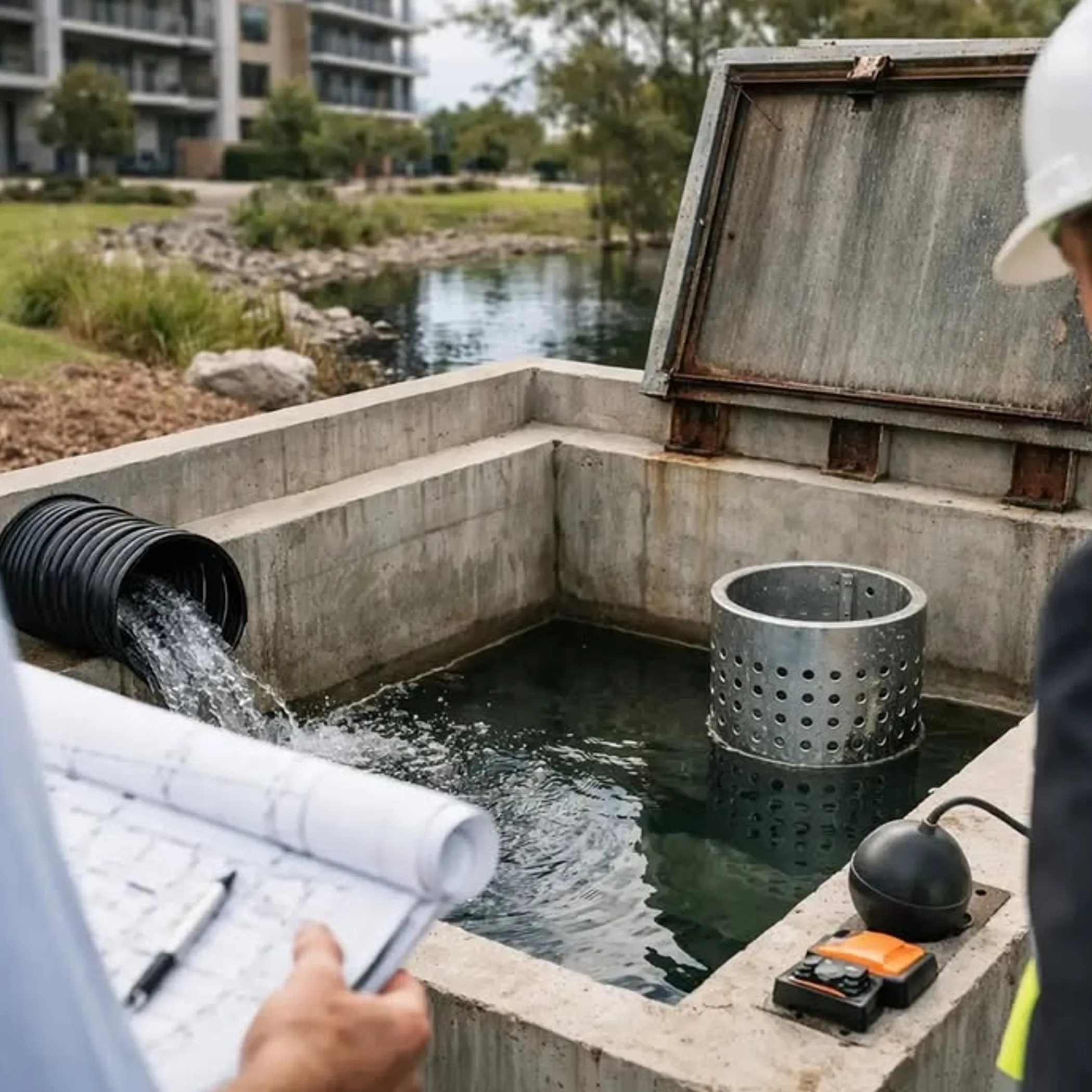 professionals inspecting urban stormwater outlet