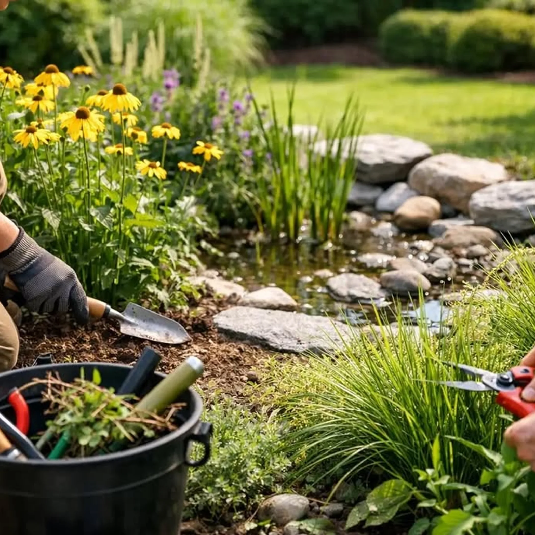 garden upkeep beside water feature
